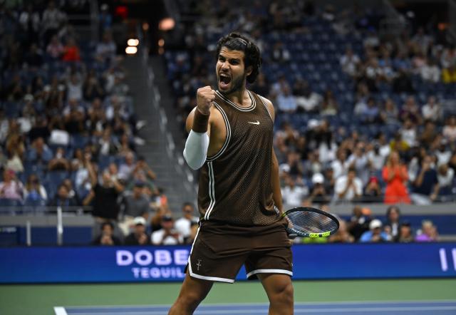 (260903) -- NEW YORK, Sept. 3, 2026 (Xinhua) -- Carlos Alcaraz celebrates after the men's singles second round match between Carlos Alcaraz of Spain and Jaime Faria of Portugal at the 2026 US Open tennis championships in New York, the United States, Sept. 2, 2026. (Xinhua/Li Rui)