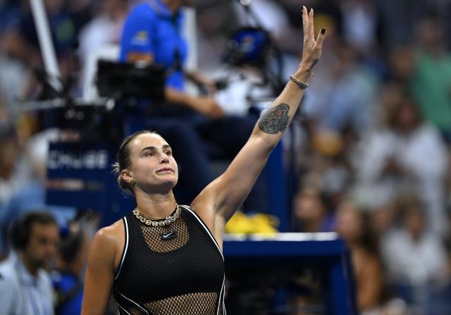 (260903) -- NEW YORK, Sept. 3, 2026 (Xinhua) -- Aryna Sabalenka celebrates after winning women's singles second round match betweetn Aryna Sabalenka of Belarus and Polina Iatcenko of Russia at the 2026 US Open tennis championships in New York, the United States, Sept. 2, 2026. (Xinhua/Li Rui)