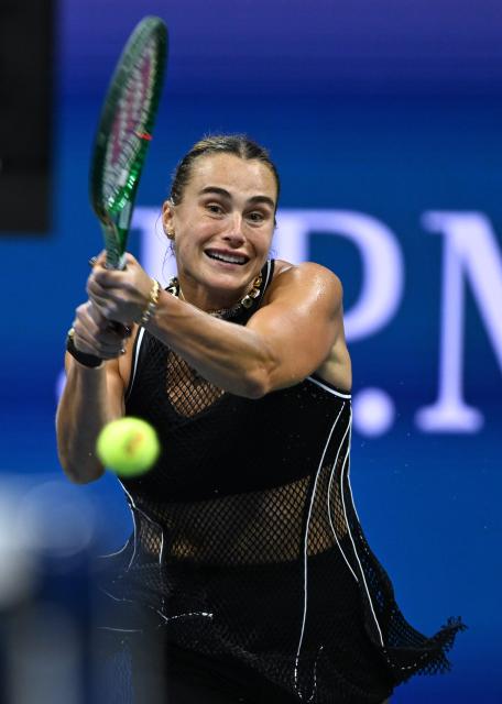 (260903) -- NEW YORK, Sept. 3, 2026 (Xinhua) -- Aryna Sabalenka returns a shot during women's singles second round match betweetn Aryna Sabalenka of Belarus and Polina Iatcenko of Russia at the 2026 US Open tennis championships in New York, the United States, Sept. 2, 2026. (Xinhua/Li Rui)