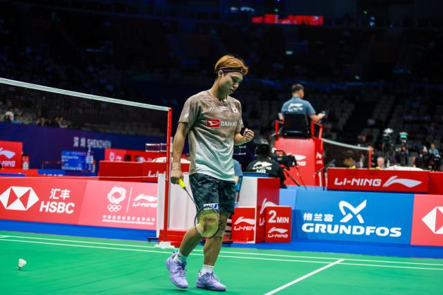 (260903) -- SHENZHEN, Sept. 3, 2026 (Xinhua) -- Naraoka Kodai celebrates scoring during the men's singles round of 16 match between Brian Yang of Canada and Naraoka Kodai of Japan at China Masters 2026 badminton tournament in Shenzhen, south China's Guangdong Province, Sept. 3, 2026. (Photo by Peng Zhigang/Xinhua)