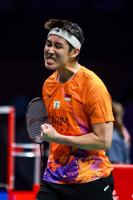 (260903) -- SHENZHEN, Sept. 3, 2026 (Xinhua) -- Loh Kean Yew reacts during the men's singles round of 16 match between Loh Kean Yew of Singapore and Weng Hongyang of China at China Masters 2026 badminton tournament in Shenzhen, south China's Guangdong Province, Sept. 3, 2026. (Photo by Peng Zhigang/Xinhua)
