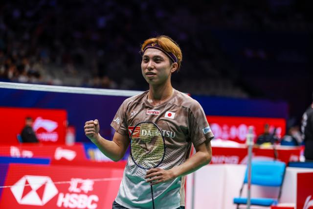 (260903) -- SHENZHEN, Sept. 3, 2026 (Xinhua) -- Naraoka Kodai celebrates victory after the men's singles round of 16 match between Brian Yang of Canada and Naraoka Kodai of Japan at China Masters 2026 badminton tournament in Shenzhen, south China's Guangdong Province, Sept. 3, 2026. (Photo by Peng Zhigang/Xinhua)