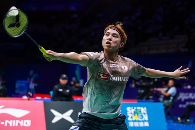 (260903) -- SHENZHEN, Sept. 3, 2026 (Xinhua) -- Naraoka Kodai hits a return during the men's singles round of 16 match between Brian Yang of Canada and Naraoka Kodai of Japan at China Masters 2026 badminton tournament in Shenzhen, south China's Guangdong Province, Sept. 3, 2026. (Photo by Peng Zhigang/Xinhua)