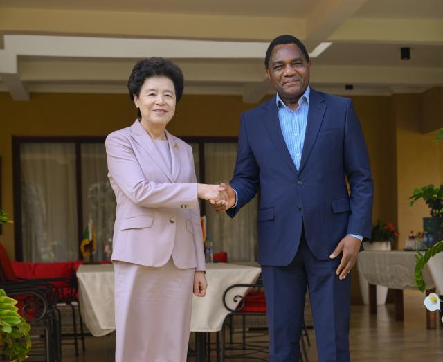 (260903) -- LUSAKA, Sept. 3, 2026 (Xinhua) -- Zambian President Hakainde Hichilema (R) meets with Chinese President Xi Jinping's Special Envoy Xian Hui, also the vice chairperson of the National Committee of the Chinese People's Political Consultative Conference, at the Community House in Lusaka, Zambia, Sept. 2, 2026. Xian Hui attended the inauguration of President Hakainde Hichilema here on Tuesday, at the invitation of the Zambian government. (Xinhua/Yang Guang)