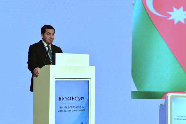 (260903) -- BAKU, Sept. 3, 2026 (Xinhua) -- Hikmet Hajiyev, assistant to the Azerbaijani president and head of the Foreign Policy Affairs Department of the Presidential Administration, reads out an address from President Ilham Aliyev during the 4th International Mine Action Conference, in Baku, Azerbaijan, Sept. 2, 2026. The 4th International Mine Action Conference opened in Baku on Wednesday, bringing together more than 400 representatives from 60 countries to discuss how humanitarian demining can support safe urban recovery. (Xinhua/Chen Junfeng)