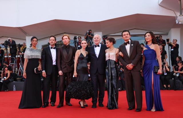 (260903) -- VENICE, Sept. 3, 2026 (Xinhua) -- Main crew members pose at the red carpet before the premiere of the film "Bucking Fastard" during the 83rd Venice International Film Festival in Venice, Italy, Sept. 3, 2026. (Xinhua/Wang Kaiyan)