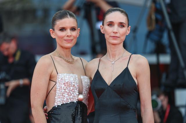 (260903) -- VENICE, Sept. 3, 2026 (Xinhua) -- American actress Kate Mara (L) and American actress Rooney Mara pose at the red carpet before the premiere of the film "Bucking Fastard" during the 83rd Venice International Film Festival in Venice, Italy, Sept. 3, 2026. (Xinhua/Wang Kaiyan)