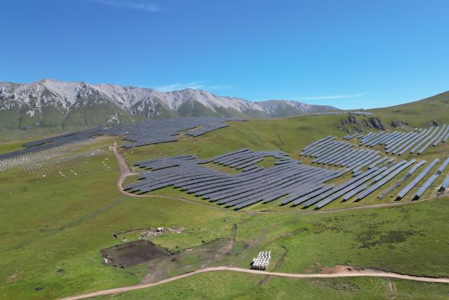 (260904) -- GANNAN, Sept. 4, 2026 (Xinhua) -- An aerial drone photo taken on Sept. 3, 2026 shows a view of an agrivoltaics demonstration base, where livestock are raised underneath solar panels, in Luqu County of Gannan Tibetan Autonomous Prefecture, northwest China's Gansu Province. (Xinhua/Zhang Zhimin)