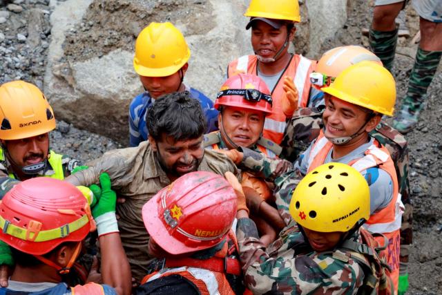 (260904) -- KATHMANDU, Sept. 4, 2026 (Xinhua) -- Rescuers transfer a worker rescued alive in Rasuwa district, Nepal, Sept. 4, 2026. Two men trapped inside the tunnel of the Trishuli 3A hydropower project, which was badly affected by last week's deadly mudslide, were rescued alive on Friday, the Nepali Army said. (Nepali Army/Handout via Xinhua)
