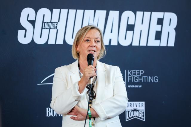 (260904) -- MONZA, Sept. 4, 2026 (Xinhua) -- Michael Schumacher's manager Sabine Kehm introduces the new documentary "Schumacher '94 - The Birth of a Legend" to media before the first practice session of the Formula 1 Italian Grand Prix at Monza Circuit, near Milan, Italy, on Sept. 4, 2026. (Photo by Qian Jun/Xinhua)