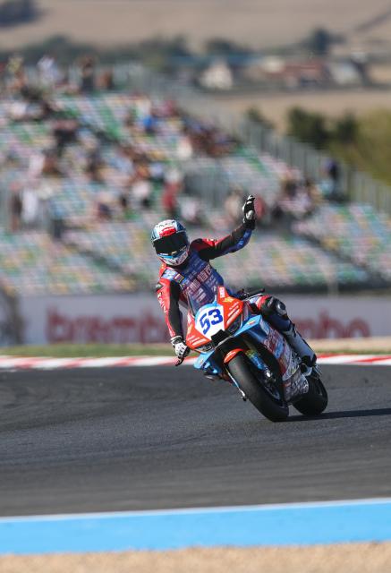 (260905) -- MAGNY-COURS, Sept. 5, 2026 (Xinhua) -- Valentin Debise of EASTROC ZXMOTO Evan Bros Factory greets the audience after the Superpole of WorldSSP at the FIM Supersport World Championship French Round in Magny-Cours, France, Sept. 4, 2026. (Xinhua/Wu Huiwo)