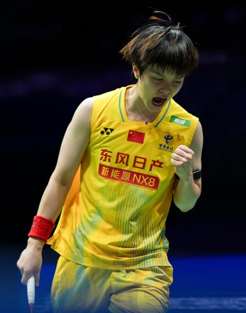 (260905) -- SHENZHEN, Sept. 5, 2026 (Xinhua) -- Wang Zhiyi celebrate a point during the women's singles semifinal match between Wang Zhiyi of China and Miyazaki Tomoka of Japan at China Masters 2026 badminton tournament in Shenzhen, south China's Guangdong Province, Sept. 5, 2026. (Xinhua/Sun Fei)