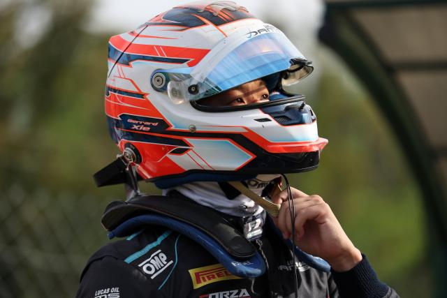 (260905) -- MONZA, Sept. 5, 2026 (Xinhua) -- Dams Lucas Oil driver Gerrard Xie of China reacts after crashing with Hitech driver Shin Woohyun of South Korea during the sprint race of the Formula 3 Italian Grand Prix at Monza Circuit, near Milan, Italy, on Sept. 5, 2026. (Xinhua/Li Jing)