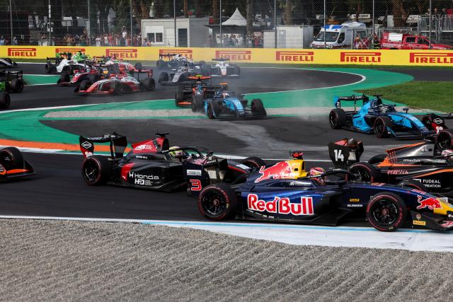 (260905) -- MONZA, Sept. 5, 2026 (Xinhua) -- Dams Lucas Oil driver Gerrard Xie of China (C) races off the circuit during the sprint race of the Formula 3 Italian Grand Prix at Monza Circuit, near Milan, Italy, on Sept. 5, 2026. (Xinhua/Li Jing)