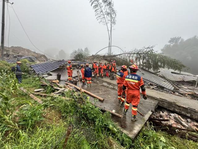 (260905) -- SUICHUAN, Sept. 5, 2026 (Xinhua) -- Rescuers conduct reconnaissance and rescue operations at the site of a mudslide in Suichuan County of Ji'an City, east China's Jiangxi Province, Sept. 5, 2026. One person has been confirmed dead and 11 others are missing after a mudslide struck a village in Suichuan County, Ji'an City, east China's Jiangxi Province at around 4 a.m. on Saturday, local authorities said.
  The disaster was triggered by days of torrential rains brought by Typhoon Saudel, according to the county's flood control and drought relief headquarters. (China Anneng Group Second Engineering Bureau Co., Ltd./Handout via Xinhua)