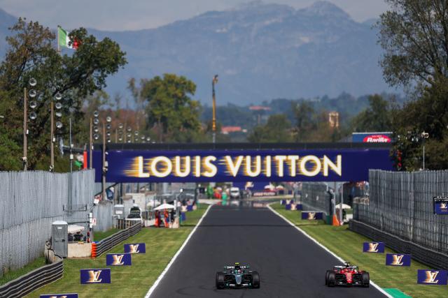 (260905) -- MONZA, Sept. 5, 2026 (Xinhua) -- Mercedes' Kimi Antonelli (L) of Italy and Ferrari's Charles Leclerc of Monaco race during the third practice session of the Formula 1 Italian Grand Prix at Monza Circuit, near Milan, Italy, on Sept. 5, 2026. (Photo by Qian Jun/Xinhua)