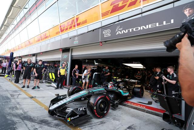(260905) -- MONZA, Sept. 5, 2026 (Xinhua) -- Mercedes' Kimi Antonelli of Italy leaves the pit lane during the third practice session of the Formula 1 Italian Grand Prix at Monza Circuit, near Milan, Italy, on Sept. 5, 2026. (Xinhua/Li Jing)