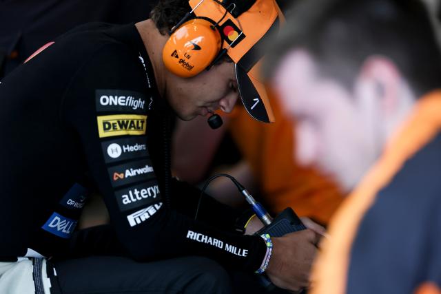 (260905) -- MONZA, Sept. 5, 2026 (Xinhua) -- McLaren's Lando Norris of Britain reacts before the third practice session of the Formula 1 Italian Grand Prix at Monza Circuit, near Milan, Italy, on Sept. 5, 2026. (Xinhua/Li Jing)