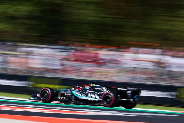(260905) -- MONZA, Sept. 5, 2026 (Xinhua) -- Mercedes' George Russell of Britain races during the third practice session of the Formula 1 Italian Grand Prix at Monza Circuit, near Milan, Italy, on Sept. 5, 2026. (Photo by Qian Jun/Xinhua)