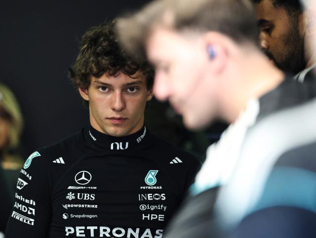 (260905) -- MONZA, Sept. 5, 2026 (Xinhua) -- Mercedes' Kimi Antonelli of Italy reacts before the third practice session of the Formula 1 Italian Grand Prix at Monza Circuit, near Milan, Italy, on Sept. 5, 2026. (Xinhua/Li Jing)