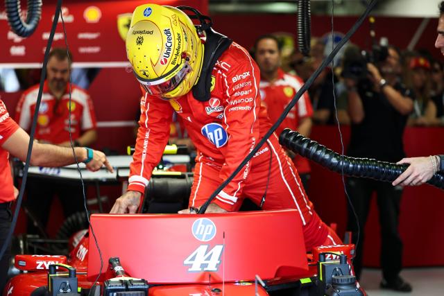 (260905) -- MONZA, Sept. 5, 2026 (Xinhua) -- Ferrari's Lewis Hamilton of Britain reacts before the third practice session of the Formula 1 Italian Grand Prix at Monza Circuit, near Milan, Italy, on Sept. 5, 2026. (Xinhua/Li Jing)