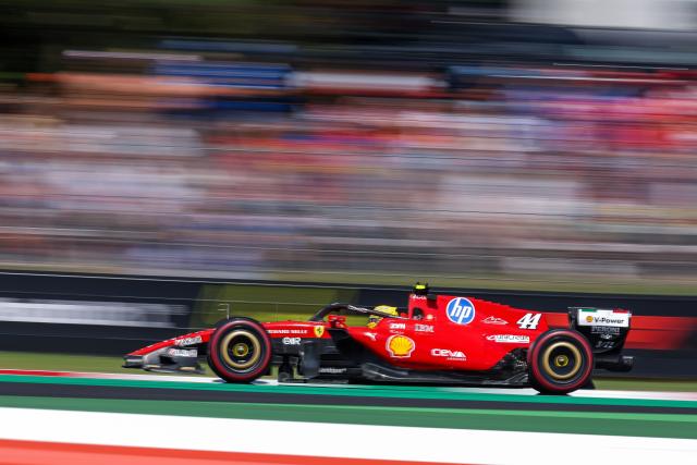 (260905) -- MONZA, Sept. 5, 2026 (Xinhua) -- Ferrari's Lewis Hamilton of Britain races during the third practice session of the Formula 1 Italian Grand Prix at Monza Circuit, near Milan, Italy, on Sept. 5, 2026. (Photo by Qian Jun/Xinhua)