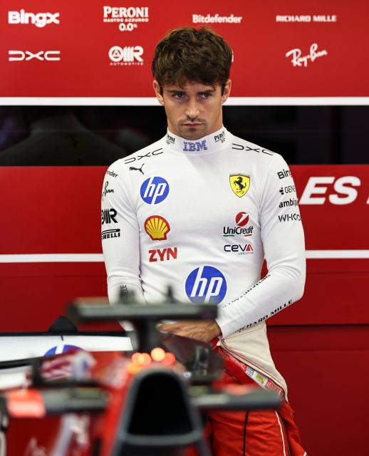 (260905) -- MONZA, Sept. 5, 2026 (Xinhua) -- Ferrari's Charles Leclerc of Monaco reacts before the third practice session of the Formula 1 Italian Grand Prix at Monza Circuit, near Milan, Italy, on Sept. 5, 2026. (Xinhua/Li Jing)