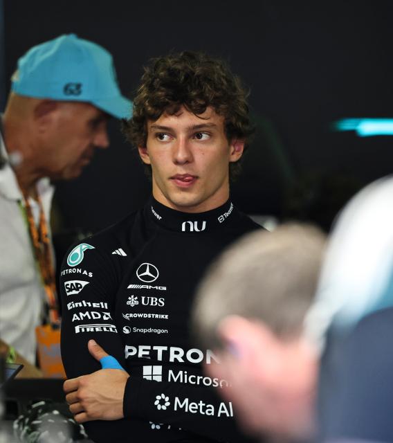 (260905) -- MONZA, Sept. 5, 2026 (Xinhua) -- Mercedes' Kimi Antonelli of Italy reacts before the third practice session of the Formula 1 Italian Grand Prix at Monza Circuit, near Milan, Italy, on Sept. 5, 2026. (Xinhua/Li Jing)
