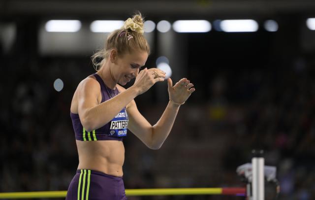 (260906) -- BRUSSELS, Sept. 6, 2026 (Xinhua) -- Eleanor Patterson of Australia reacts during the women's high jump final at the 2026 World Athletics Diamond League athletics meeting in Brussels, Belgium, on Sept. 5, 2026. (Xinhua/Weng Xinyang)