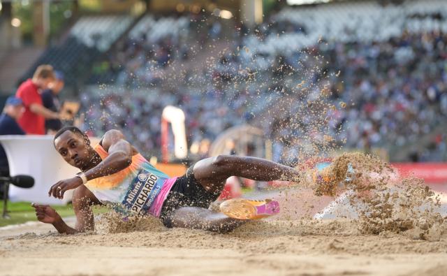 (260906) -- BRUSSELS, Sept. 6, 2026 (Xinhua) -- Pedro Pichardo of Portugal competes during the men's triple jump final at the 2026 World Athletics Diamond League athletics meeting in Brussels, Belgium, on Sept. 5, 2026. (Xinhua/Weng Xinyang)