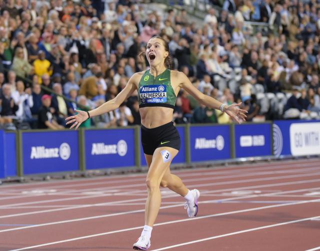 (260906) -- BRUSSELS, Sept. 6, 2026 (Xinhua) -- Klaudia Kazimierska of Poland celebrates during the women's 1500m final at the 2026 World Athletics Diamond League athletics meeting in Brussels, Belgium, on Sept. 5, 2026. (Xinhua/Weng Xinyang)