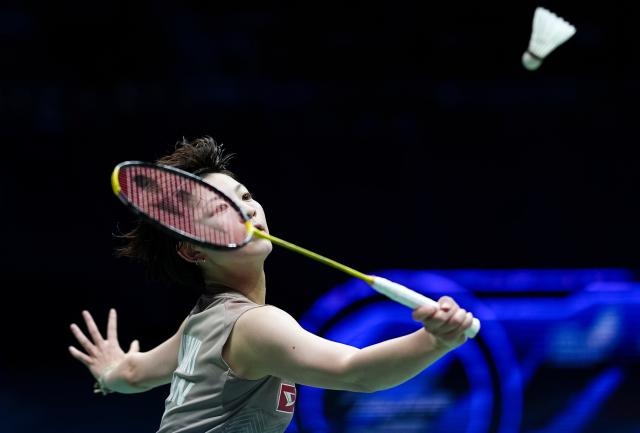 (260906) -- SHENZHEN, Sept. 6, 2026 (Xinhua) -- Miyazaki Tomoka of Japan hits a return during the women's singles final match against An Se Young of South Korea at China Masters 2026 badminton tournament in Shenzhen, south China's Guangdong Province, Sept. 6, 2026. (Xinhua/Sun Fei)