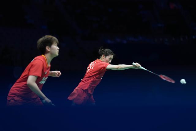 (260906) -- SHENZHEN, Sept. 6, 2026 (Xinhua) -- Bao Lijing(R)/Cao Zihan of China compete during the women's doubles final match against Nakade Sumire/Takahashi Miyu of Japan at China Masters 2026 badminton tournament in Shenzhen, south China's Guangdong Province, Sept. 6, 2026. (Xinhua/Sun Fei)