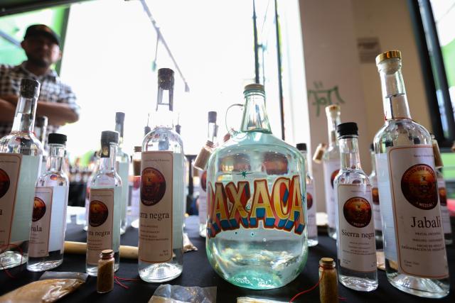 (260906) -- MEXICO CITY, Sept. 6, 2026 (Xinhua) -- Bottles of mezcal, an alcoholic beverage made from the agave plant, are pictured during the Pulque, Traditional Cuisine and Mezcal Festival in Mexico City, capital of Mexico, Sept. 5, 2026. The event, featuring more than 100 varieties and expressions of agave-based beverages, as well as tastings, food pairings and other activities, was held in Mexico City on Saturday. (Photo by Francisco Canedo/Xinhua)