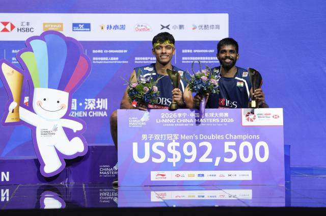 (260906) -- SHENZHEN, Sept. 6, 2026 (Xinhua) -- Winner Satwiksairaj Rankireddy/Chirag Shetty (L) of India react at the awarding ceremony after the men's doubles final match between He Jiting/Ren Xiangyu of China and Satwiksairaj Rankireddy/Chirag Shetty of India at China Masters 2026 badminton tournament in Shenzhen, south China's Guangdong Province, Sept. 6, 2026. (Xinhua/Sun Fei)