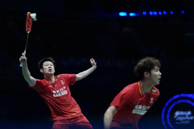 (260906) -- SHENZHEN, Sept. 6, 2026 (Xinhua) -- He Jiting/Ren Xiangyu (L) compete during the men's doubles final match between He Jiting/Ren Xiangyu of China and Satwiksairaj Rankireddy/Chirag Shetty of India at China Masters 2026 badminton tournament in Shenzhen, south China's Guangdong Province, Sept. 6, 2026. (Xinhua/Sun Fei)