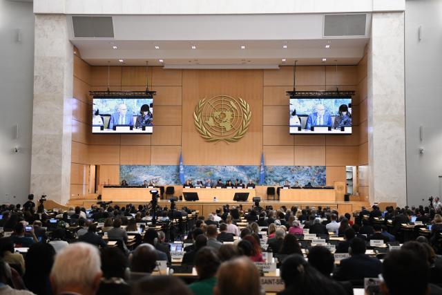 (260907) -- GENEVA, Sept. 7, 2026 (Xinhua) -- This photo taken on Sep. 7, 2026 shows the 63rd session of the United Nations Human Rights Council (UNHRC) taking place at the Palais des Nations in Geneva, Switzerland. The 63rd session of the United Nations Human Rights Council (UNHRC) kicked off here on Monday. (Xinhua/Lian Yi)