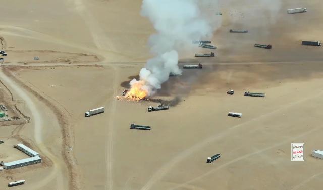 (260908) -- HADRAMOUT, Sept. 8, 2026 (Xinhua) -- A screenshot shows trucks burning after they were targeted by ballistic missiles launched by Houthi group near Al-Wadiah military camp in Hadramout province, Yemen on Sept. 7, 2026. Yemen's Houthi group said Monday that it had carried out a ballistic missile strike on trucks it claimed were transporting military equipment from Saudi Arabia to the Al-Wadiah military camp in Yemen's government-controlled southeastern province of Hadramout. (Houthi Media Center/Handout via Xinhua)