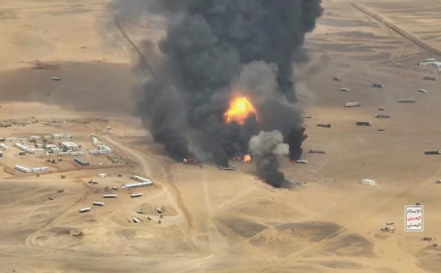 (260908) -- HADRAMOUT, Sept. 8, 2026 (Xinhua) -- A screenshot shows trucks burning after they were targeted by ballistic missiles launched by Houthi group near Al-Wadiah military camp in Hadramout province, Yemen on Sept. 7, 2026. Yemen's Houthi group said Monday that it had carried out a ballistic missile strike on trucks it claimed were transporting military equipment from Saudi Arabia to the Al-Wadiah military camp in Yemen's government-controlled southeastern province of Hadramout. (Houthi Media Center/Handout via Xinhua)