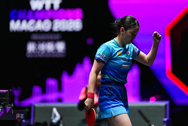 (260908) -- MACAO, Sept. 8, 2026 (Xinhua) -- Harimoto Miwa celebrates during the women's singles first round match between Harimoto Miwa of Japan and Zeng Jian of Singapore at the 2026 World Table Tennis (WTT) Champions Macao in Macao, south China, Sept. 8, 2026. (Xinhua/Cheong Kam Ka)