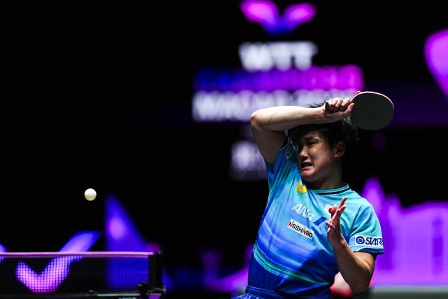 (260908) -- MACAO, Sept. 8, 2026 (Xinhua) -- Harimoto Tomokazu hits a return during the men's singles first round match between Harimoto Tomokazu of Japan and Mak Tin Ian of China's Macao at the 2026 World Table Tennis (WTT) Champions Macao in Macao, south China, Sept. 8, 2026. (Xinhua/Cheong Kan Ka)