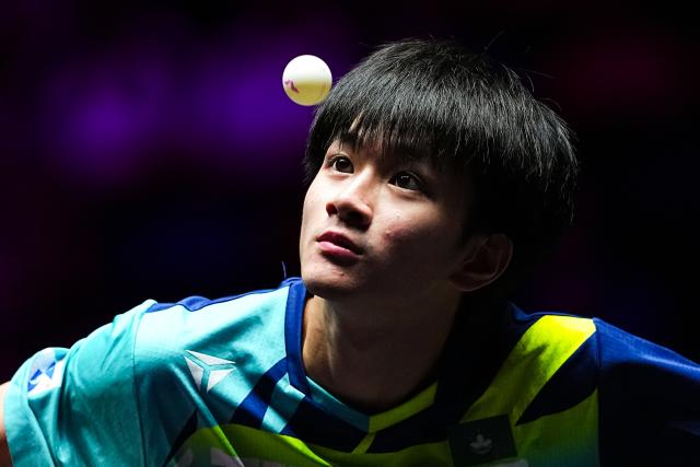 (260908) -- MACAO, Sept. 8, 2026 (Xinhua) -- Mak Tin Ian serves during the men's singles first round match between Harimoto Tomokazu of Japan and Mak Tin Ian of China's Macao at the 2026 World Table Tennis (WTT) Champions Macao in Macao, south China, Sept. 8, 2026. (Xinhua/Cheong Kan Ka)