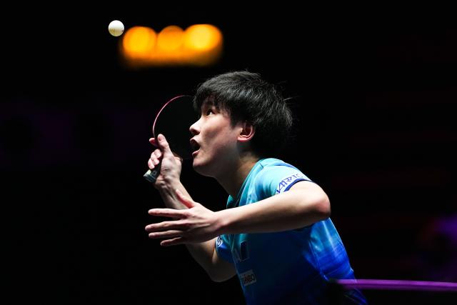 (260908) -- MACAO, Sept. 8, 2026 (Xinhua) -- Harimoto Tomokazu serves during the men's singles first round match between Harimoto Tomokazu of Japan and Mak Tin Ian of China's Macao at the 2026 World Table Tennis (WTT) Champions Macao in Macao, south China, Sept. 8, 2026. (Xinhua/Cheong Kan Ka)