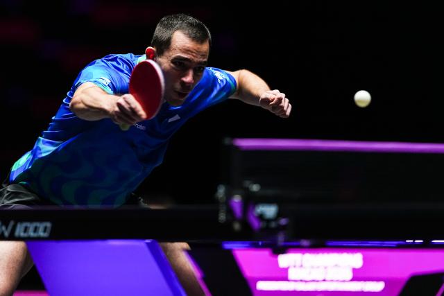 (260908) -- MACAO, Sept. 8, 2026 (Xinhua) -- Hugo Calderano competes during the men's singles first round match between Hugo Calderano of Brazil and Nicholas Lum of Australia at the 2026 World Table Tennis (WTT) Champions Macao in Macao, south China, Sept. 8, 2026. (Xinhua/Cheong Kam Ka)