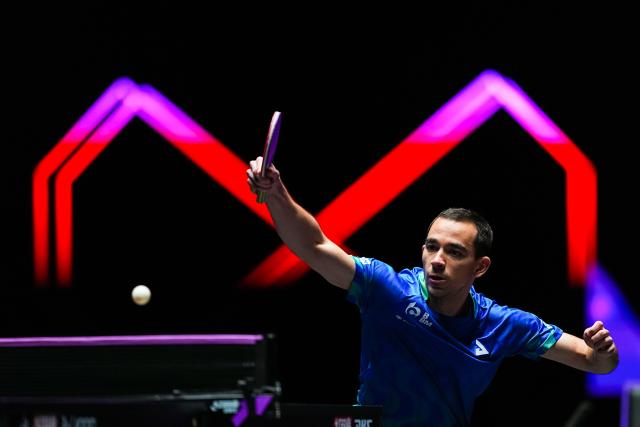 (260908) -- MACAO, Sept. 8, 2026 (Xinhua) -- Hugo Calderano competes during the men's singles first round match between Hugo Calderano of Brazil and Nicholas Lum of Australia at the 2026 World Table Tennis (WTT) Champions Macao in Macao, south China, Sept. 8, 2026. (Xinhua/Cheong Kam Ka)