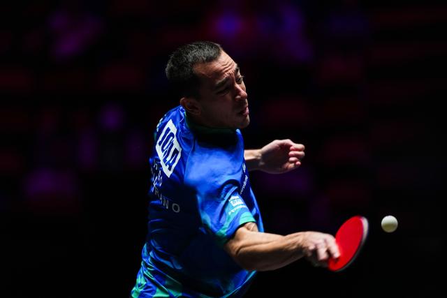 (260908) -- MACAO, Sept. 8, 2026 (Xinhua) -- Hugo Calderano competes during the men's singles first round match between Hugo Calderano of Brazil and Nicholas Lum of Australia at the 2026 World Table Tennis (WTT) Champions Macao in Macao, south China, Sept. 8, 2026. (Xinhua/Cheong Kam Ka)