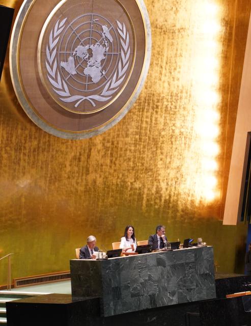 (260908) -- UNITED NATIONS, Sept. 8, 2026 (Xinhua) -- Outgoing UN General Assembly (UNGA) President Annalena Baerbock declares the 80th UNGA session closed at the UN headquarters in New York, Sept. 8, 2026. Annalena Baerbock declared the 80th UNGA session closed on Tuesday, concluding a year marked by efforts to reform the United Nations, uphold the UN Charter and advance the process for selecting the next secretary-general. (Xinhua/Zhang Fengguo)
