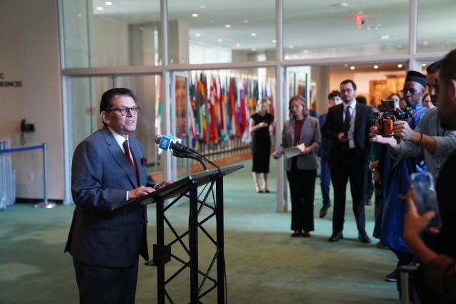 (260908) -- UNITED NATIONS, Sept. 8, 2026 (Xinhua) -- Khalilur Rahman (1st L), president of the 81st session of the UN General Assembly, speaks during a press encounter after the closing meeting of the 80th UN General Assembly at the UN headquarters in New York, Sept. 8, 2026. Outgoing UN General Assembly (UNGA) President Annalena Baerbock declared the 80th UNGA session closed on Tuesday, concluding a year marked by efforts to reform the United Nations, uphold the UN Charter and advance the process for selecting the next secretary-general. (Xinhua/Zhang Fengguo)