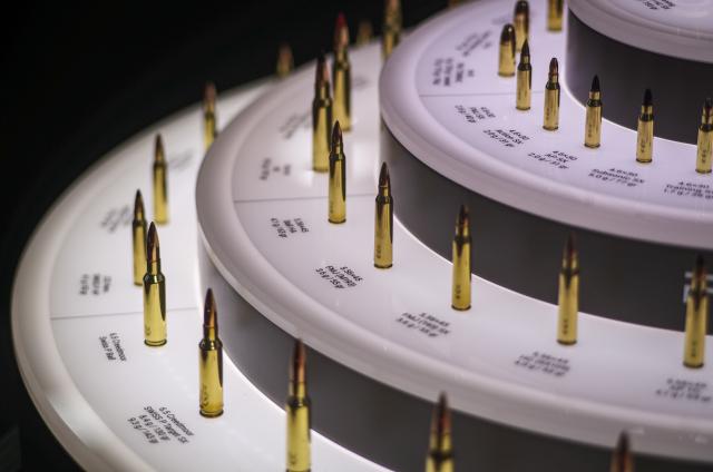 (260908) -- KIELCE, Sept. 8, 2026 (Xinhua) -- Photo shows bullets displayed at the 34th International Defence Industry Exhibition in Kielce, Poland, Sept. 8, 2026. The event runs from Sept. 8 to 11, showcasing the latest defence equipment and technologies as well as solutions for communications, security, logistics and rescue. (Photo by Jaap Arriens/Xinhua)