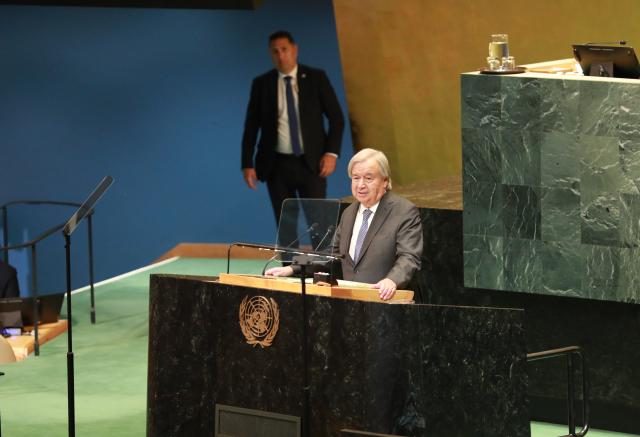 (260908) -- UNITED NATIONS, Sept. 8, 2026 (Xinhua) -- UN Secretary-General Antonio Guterres speaks at the opening of the 81th session of the UN General Assembly at the UN headquarters in New York, Sept. 8, 2026. The 81st session of the UN General Assembly (UNGA) was declared open by Khalilur Rahman, the new president of the General Assembly, on Tuesday. (Xinhua/Zhang Fengguo)